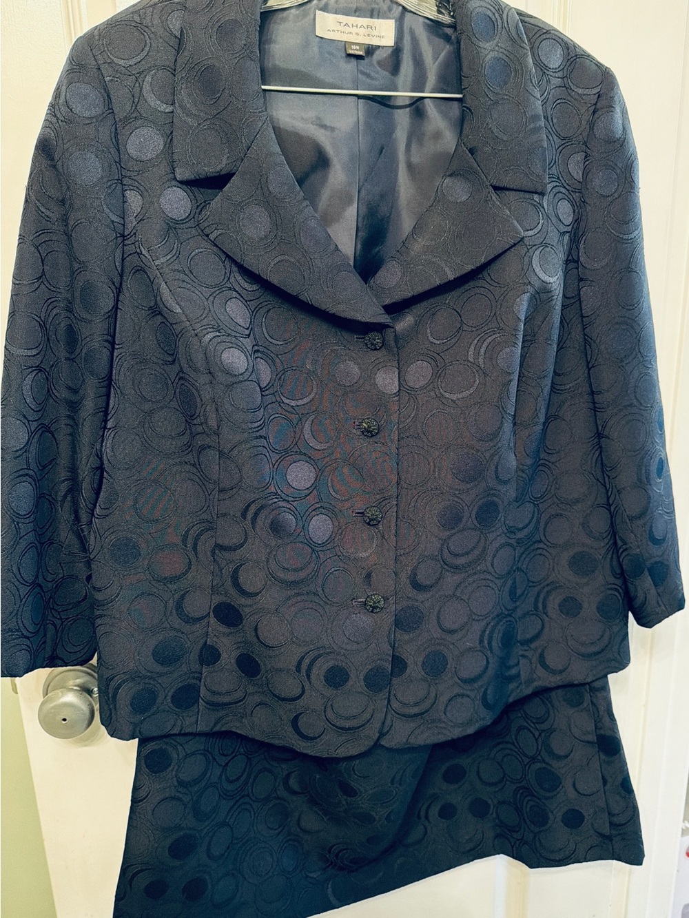 Tahari ASL Navy Blue Circle Jacquard Skirt Suit